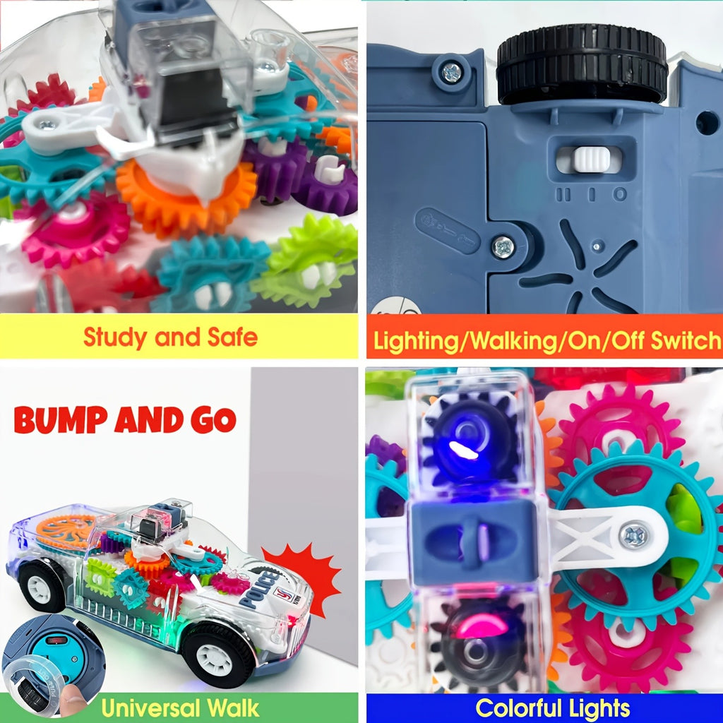 Electric Police Car Toy Transparent Gear Flashing Lights Music 360 Rotation Educational Toddler Toy for Kids Boys Girls Ages 3+ Birthday Christmas Gift