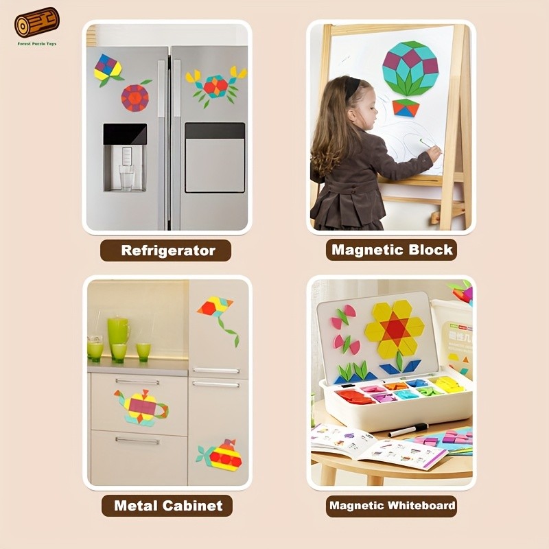 Geometric Shape Magnetic Wooden Puzzle 128-220pcs Educational Cognitive Learning Toy for Toddlers Kids Preschool Montessori STEM Birthday Gift