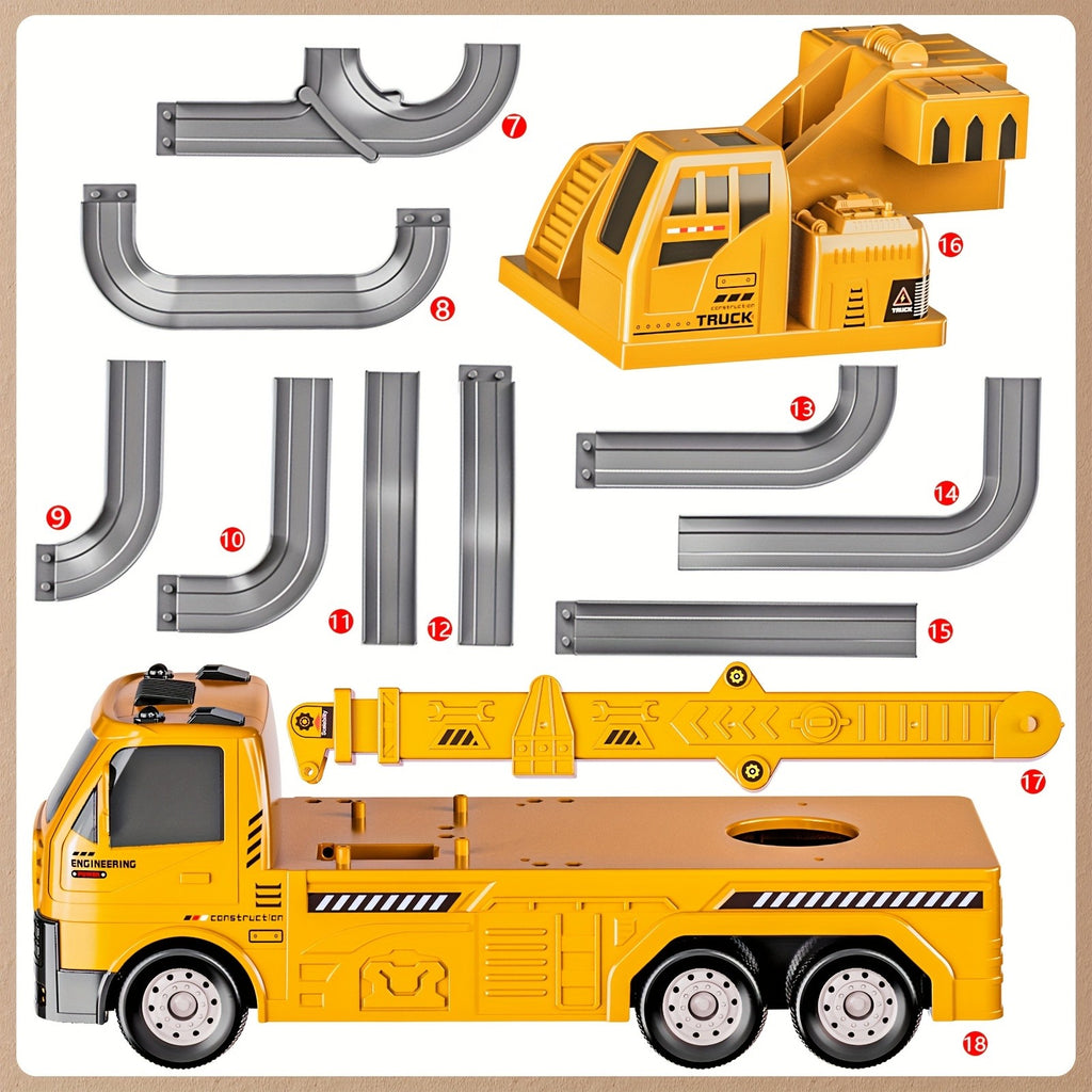 3-in-1 Construction Vehicle Toy Set Crane Excavator Racing Track with 8 Cars Lights Sounds STEM Playset for Kids Boys Girls Toddlers Ages 3+ Birthday Christmas Gift