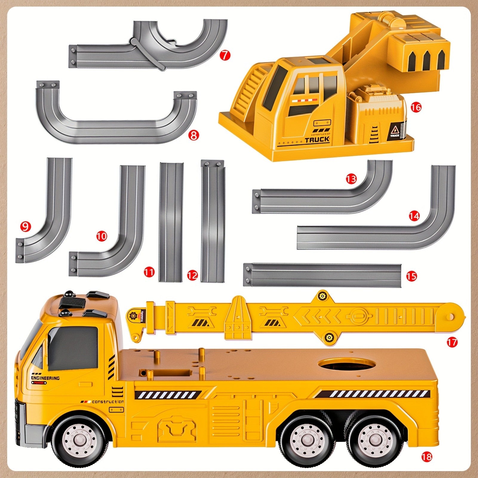 3-in-1 Construction Vehicle Toy Set Crane Excavator Racing Track with 8 Cars Lights Sounds STEM Playset for Kids Boys Girls Toddlers Ages 3+ Birthday Christmas Gift