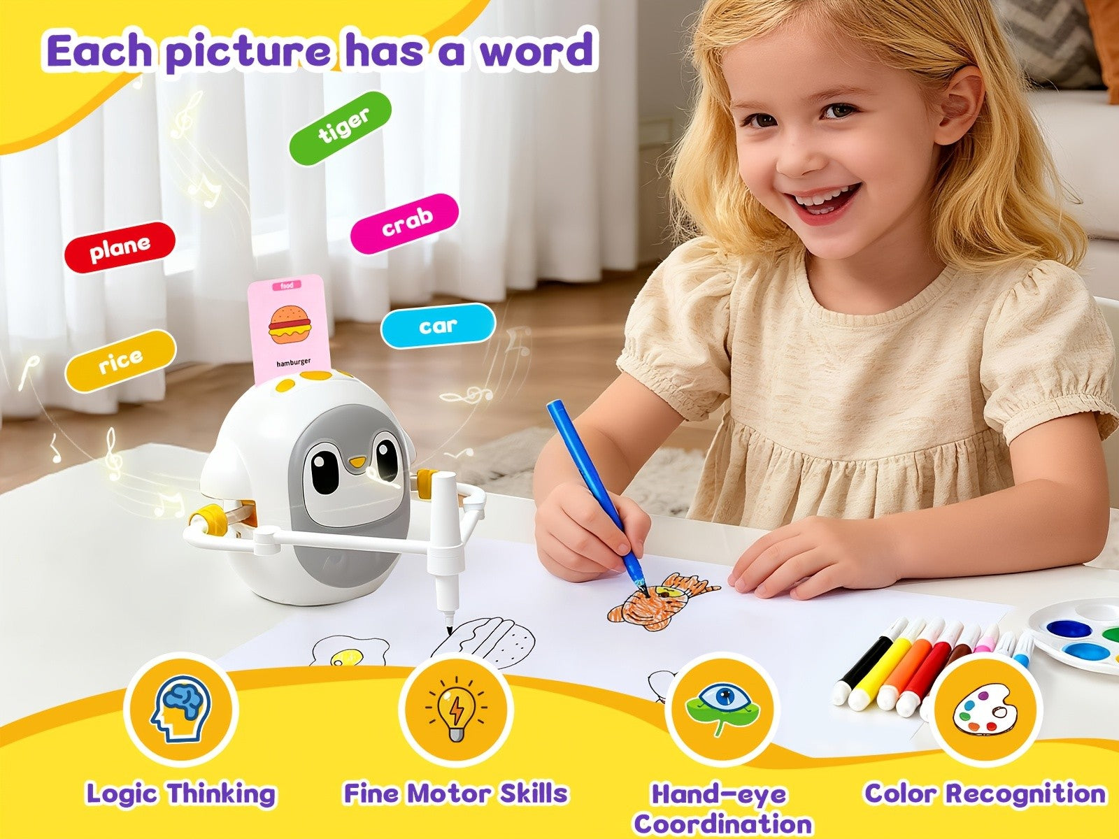 Drawing Robot for Kids with 200 Learning Cards & 12 Color Pens – Penguin Art Robot Toy, Interactive STEM Educational Drawing Toy for Boys Girls Ages 3+, USB Charging