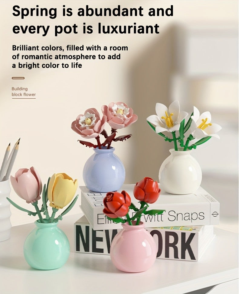 Flower Bouquet Mini Building Blocks 120pcs DIY Set - Eternal Green Plant Desk Decoration, Stress Relief Creative Toy, Easter Birthday Gift for Kids