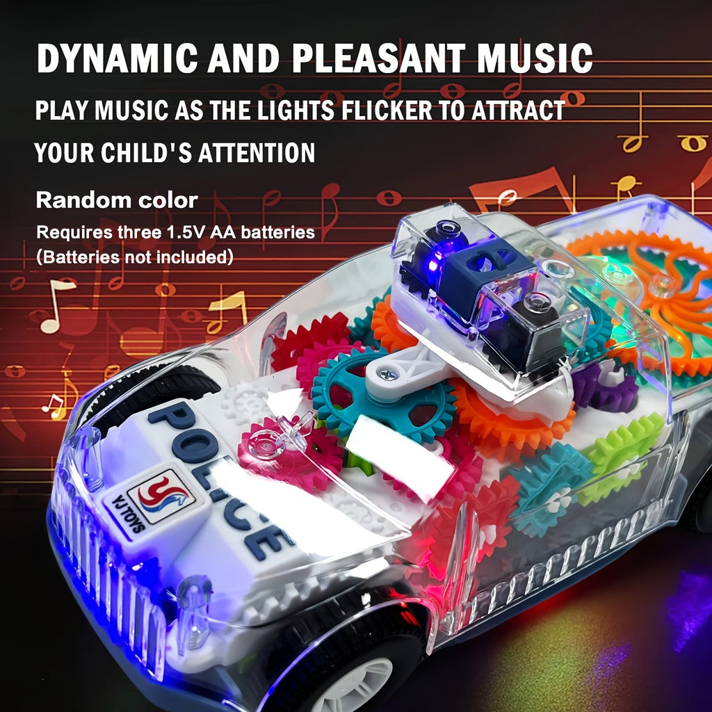 Electric Police Car Toy Transparent Gear Flashing Lights Music 360 Rotation Educational Toddler Toy for Kids Boys Girls Ages 3+ Birthday Christmas Gift