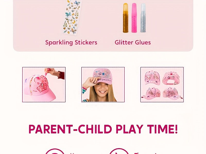 Decorate Your Own Pink Baseball Cap Kit with 7 Sheets Gem Stickers & Glitter Glue DIY Art Craft Toy Creative Gift for Girls Ages 6+