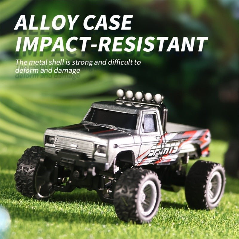 1:64 Mini RC Alloy Monster Truck with Trailer - 2.4GHz Off-Road Pickup Rock Crawler, Body Lights & Headlights, Tabletop Decor, Birthday Christmas Gift for Boys