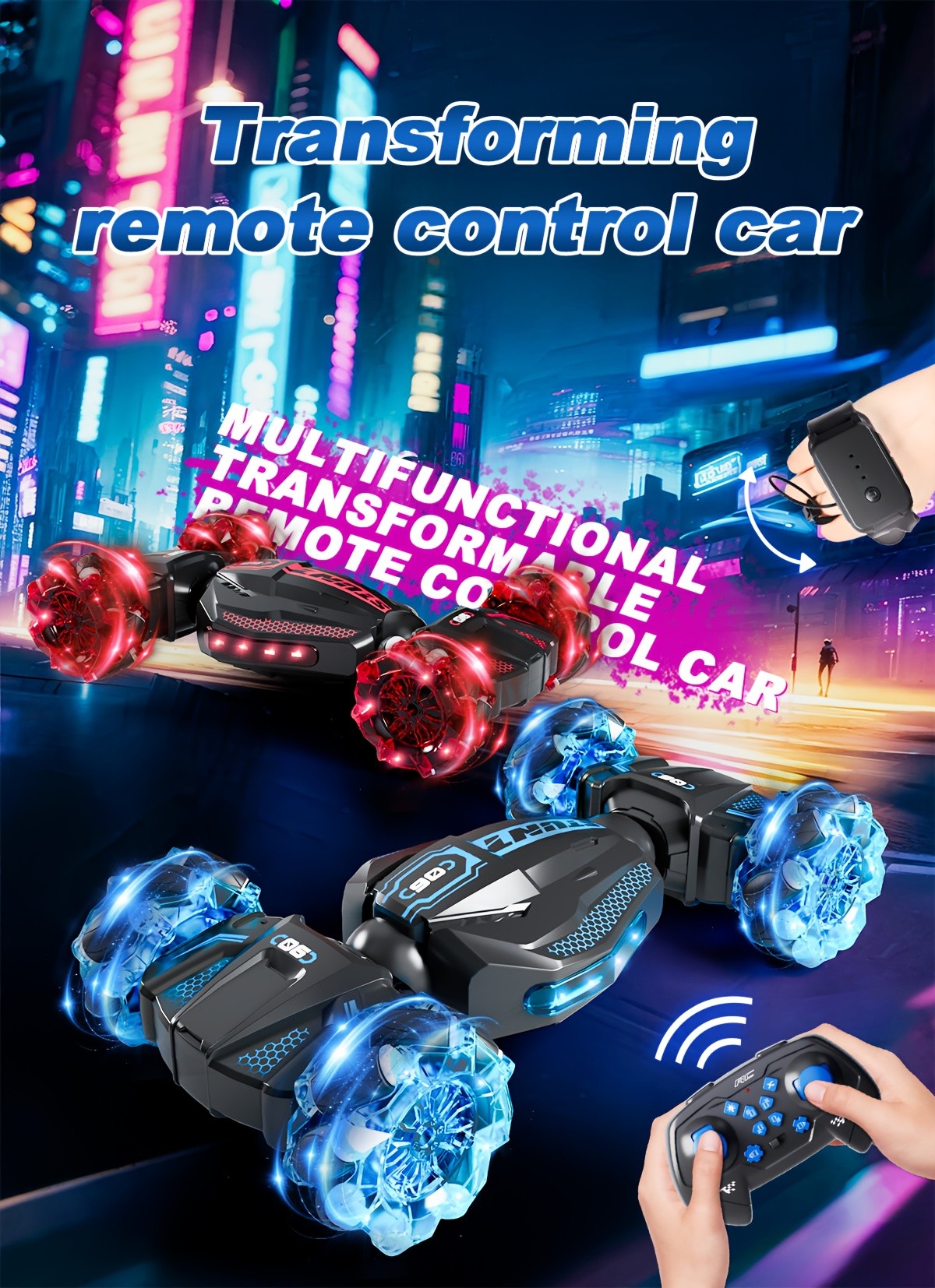 RC Stunt Car for Kids 8WD Dual Remote Control, 1:24 Scale 2.4GHz 28Km/h All-Terrain LED Race Car, Crash-Resistant Birthday Gift for Boys Girls