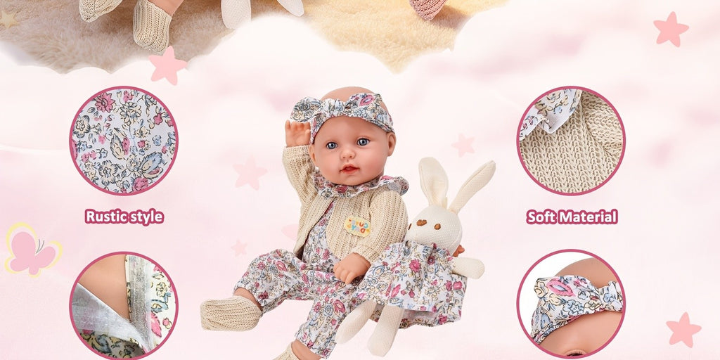 12 Inch Dress-Up Baby Doll Set with Floral Clothes Headscarf Socks & Toy Rabbit – Vinyl Girl Doll Playset for Kids Ages 3+ Birthday Christmas Gift (Beige & Pink)