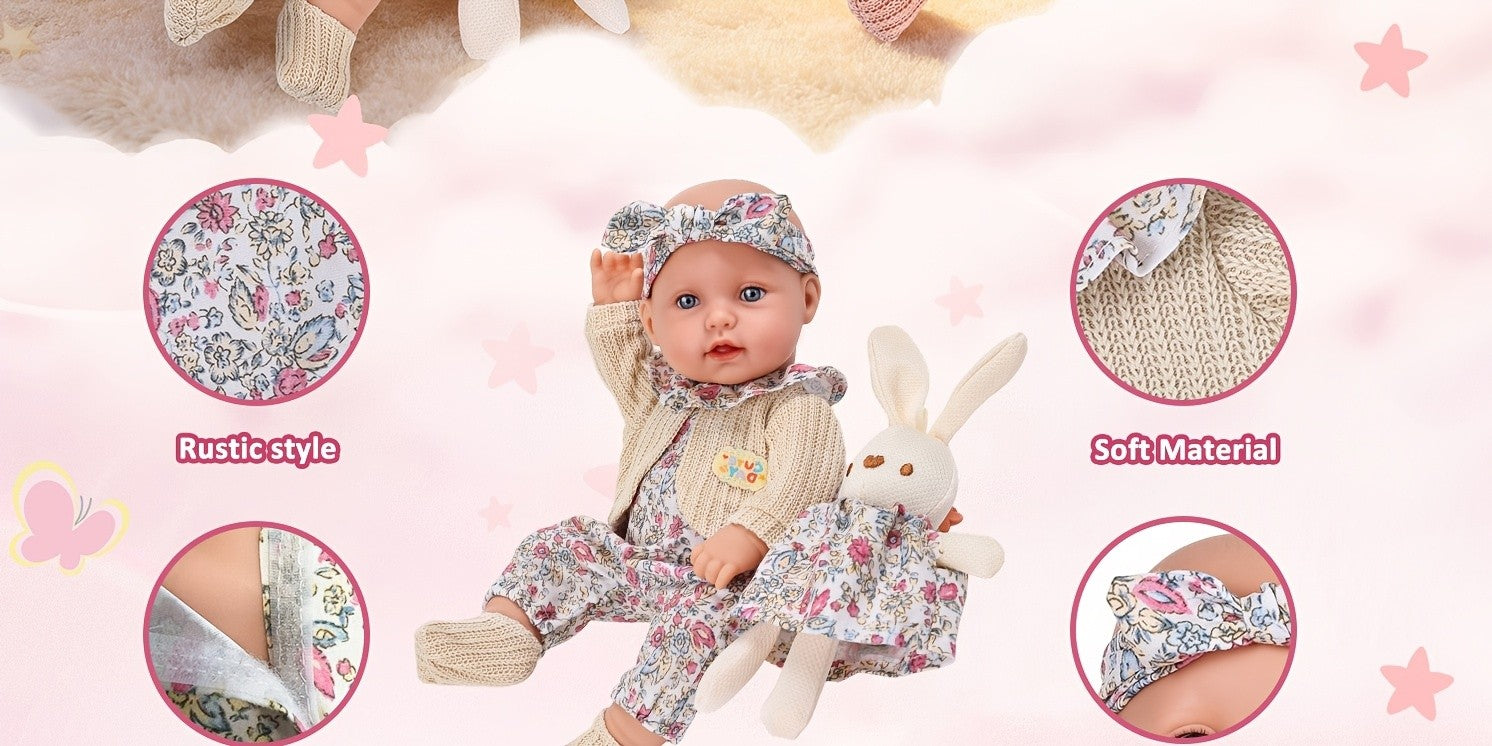 12 Inch Dress-Up Baby Doll Set with Floral Clothes Headscarf Socks & Toy Rabbit – Vinyl Girl Doll Playset for Kids Ages 3+ Birthday Christmas Gift (Beige & Pink)
