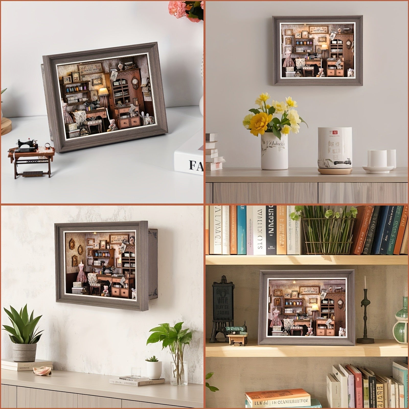 Book Nook Kit Sewing House 3D Wooden Puzzle Bookshelf Insert with LED – Miniature Model Building Kit, Cool Room Decor & Birthday Gift for Adults & Teens (Fireplace or Dwarf Style)