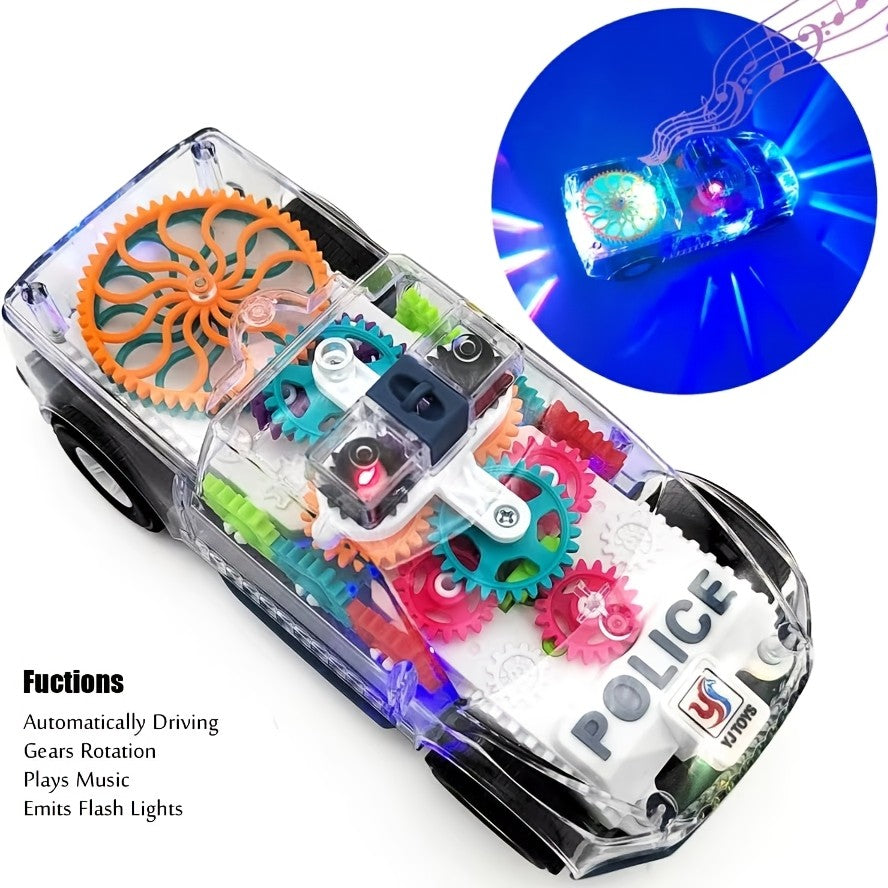 Electric Police Car Toy Transparent Gear Flashing Lights Music 360 Rotation Educational Toddler Toy for Kids Boys Girls Ages 3+ Birthday Christmas Gift