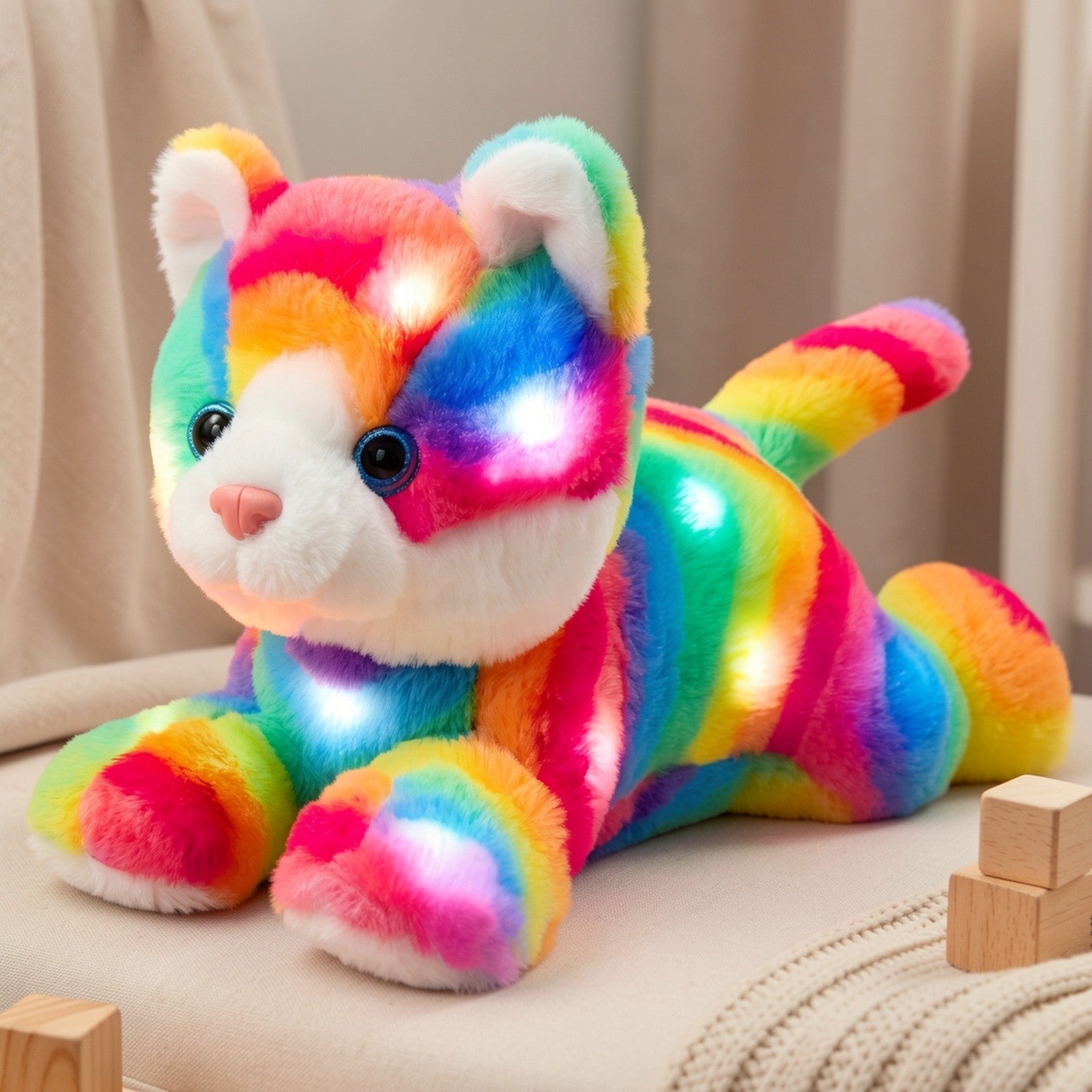 Musical Glowing Rainbow Cat Stuffed Animal - Soft Plush Cat Toy with Colorful LED Lights & Sound, Cute Kawaii Cat Plushie for Playtime Birthday New Year Party Decoration Gift