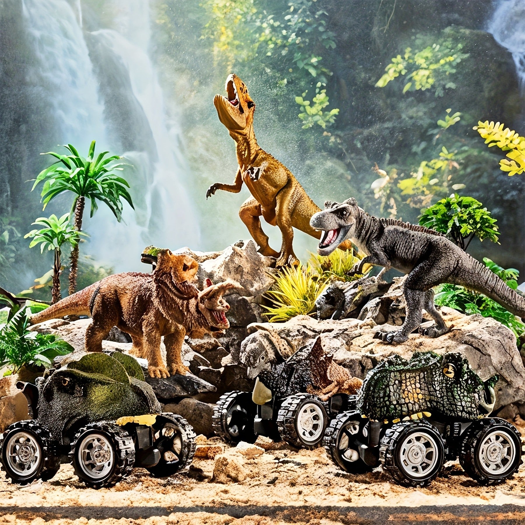 7-in-1 Dinosaur Transport Truck Toy Set with 3 Dino Figures 3 Monster Cars Lights Sounds Friction Push Go for Kids Boys Girls Ages 3 4 5 Birthday Christmas