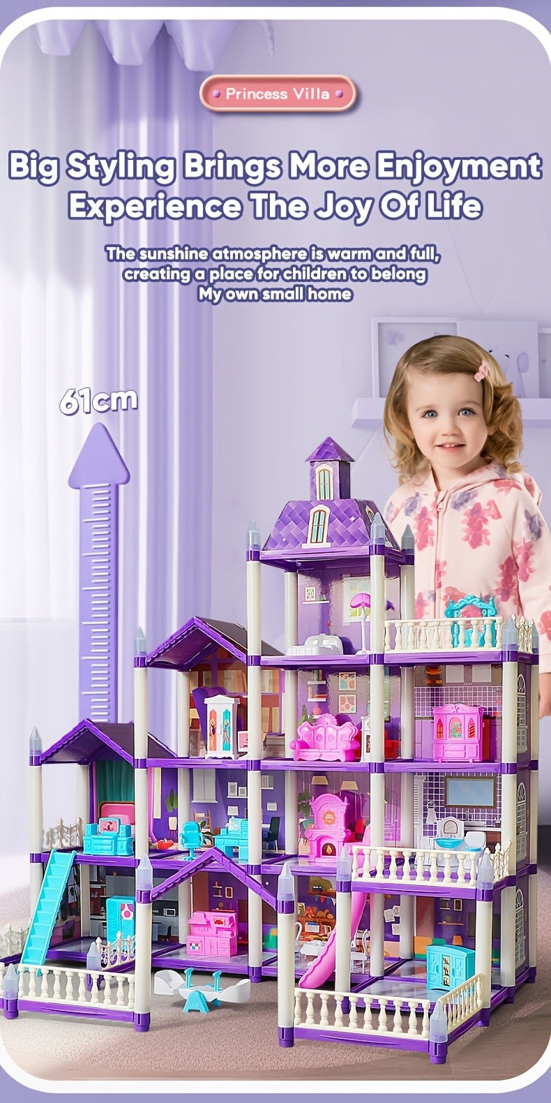Dollhouse for Girls Ages 3-10 with Doll Figures Puppies Furniture Accessories LED Light - 6 to 16 Room Purple Playhouse, Imaginative Pretend Play Toy, Birthday Christmas Easter Gift for Girls