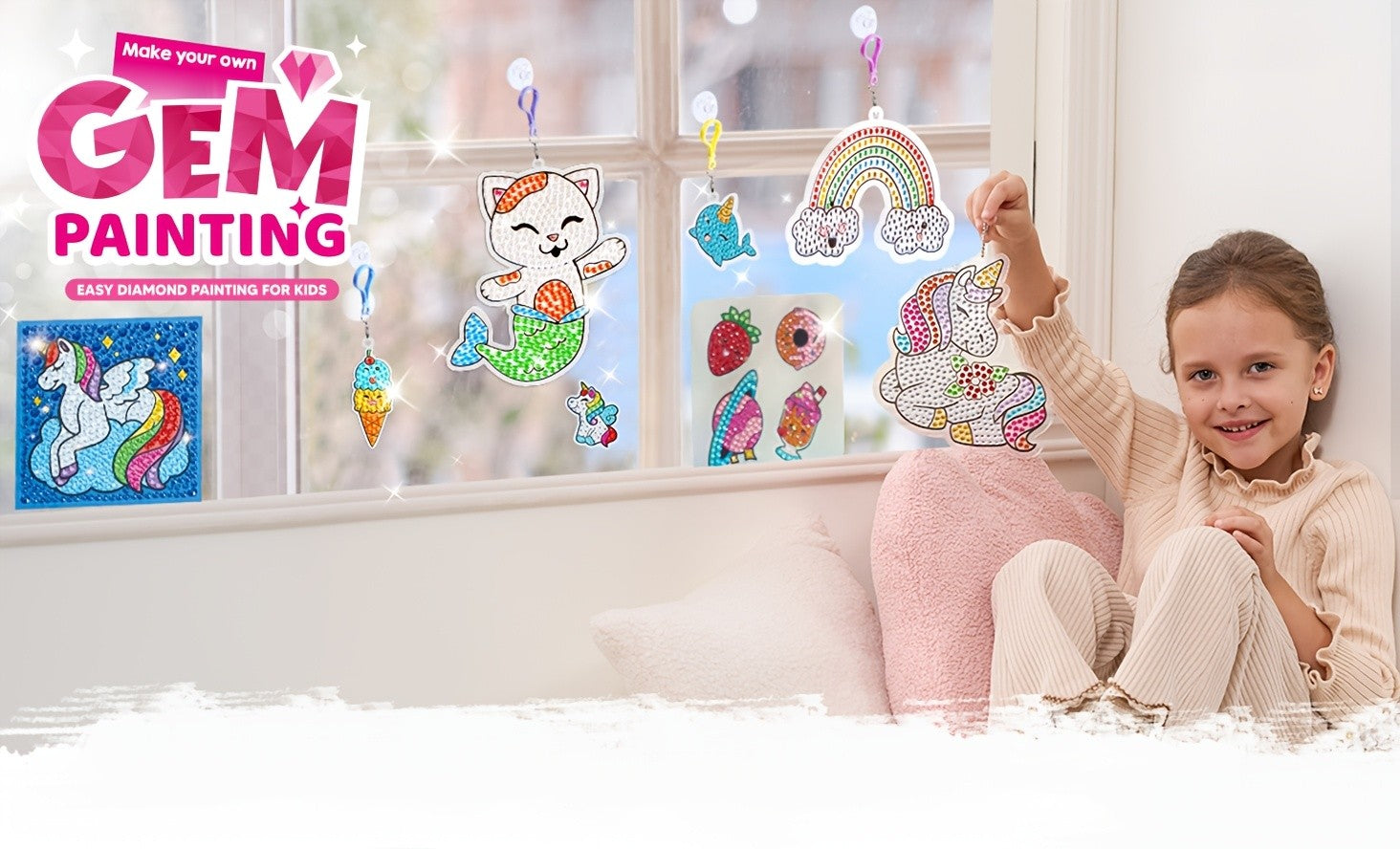 Gem Painting Kit for Kids 16 Projects 5D Diamond Art Craft Set with 2800+ Gems Suncatchers Keychains Necklaces Stickers Gift for Girls Ages 6+ Birthday Christmas Easter