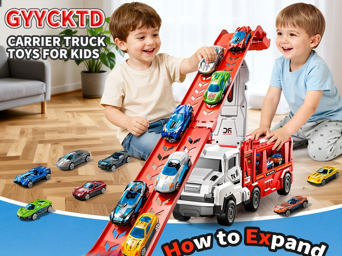 3-in-1 Kids Carrier Truck Toy with Car Tracks, 12 Racing Cars, Foldable Race Track & Garage – Toddler Birthday Gift for Boys Girls Ages 3+, Red