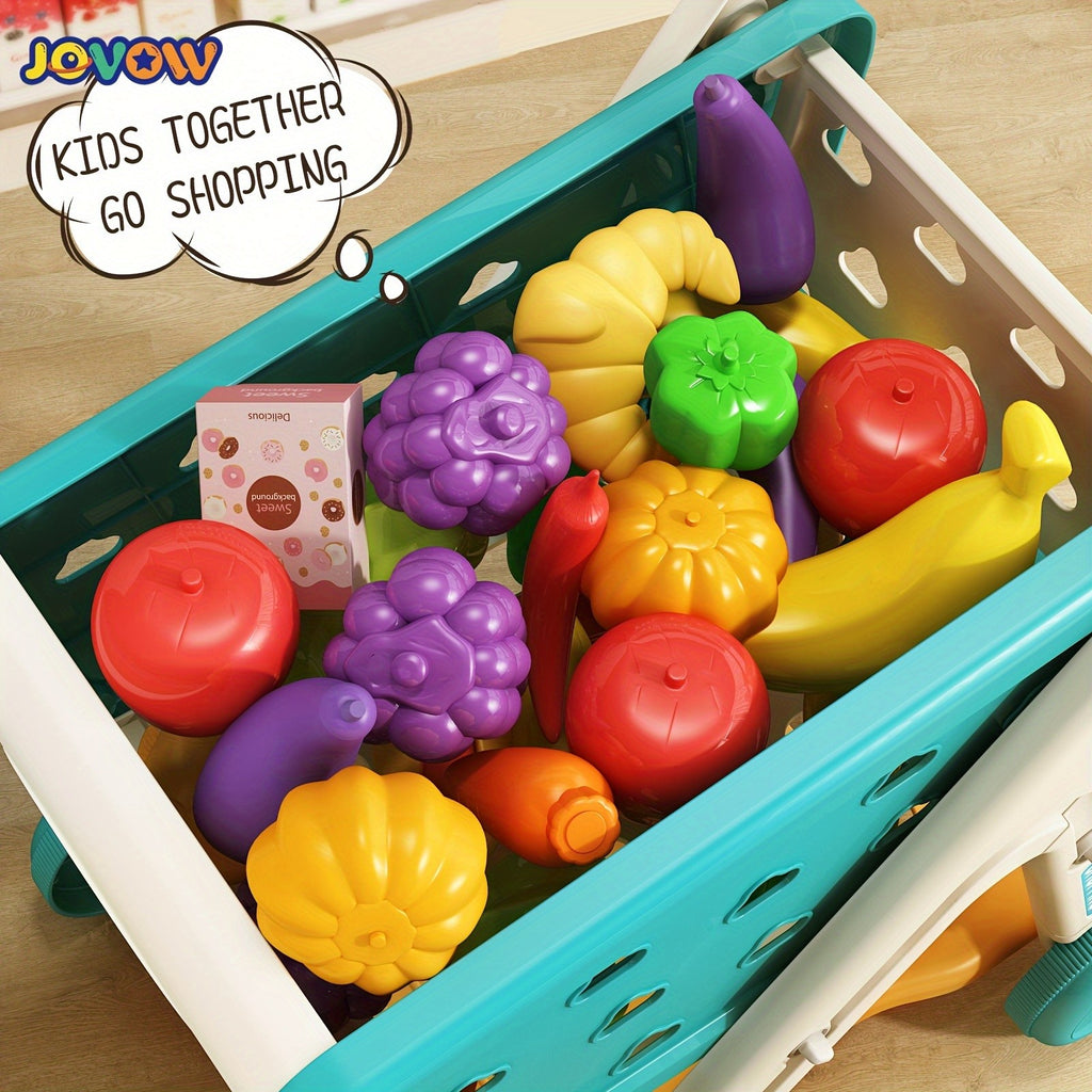 Kids Grocery Shopping Cart Toy Set Pretend Play with Pretend Food Accessories Wheels Toddler Girls Boys Christmas Birthday Gift