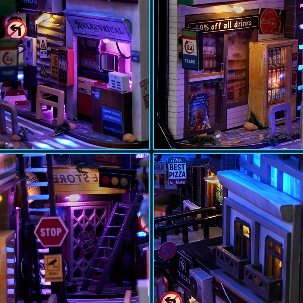 Book Nook Kit with Lights DIY Near Future Sci-Fi – 3D Wooden Miniature Dollhouse Bookshelf Insert Home Decor Gift for Teens Adults Birthday Christmas No Battery No Glue