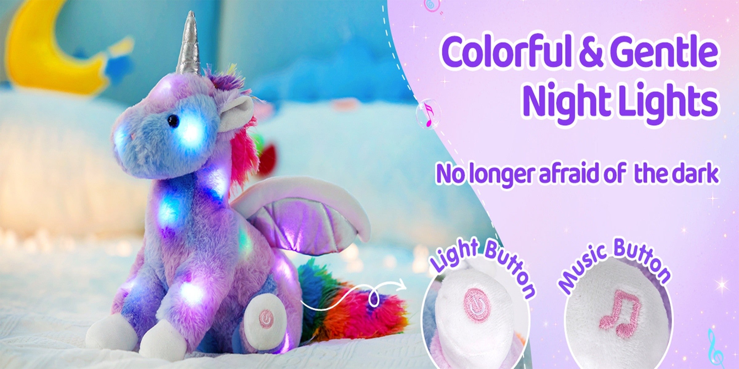 Glowing Unicorn Plush Toy with Music – Rainbow Light Up Stuffed Unicorn, Glow in the Dark Unicorn Stuffed Animal Gift for Kids Girls Birthday Christmas