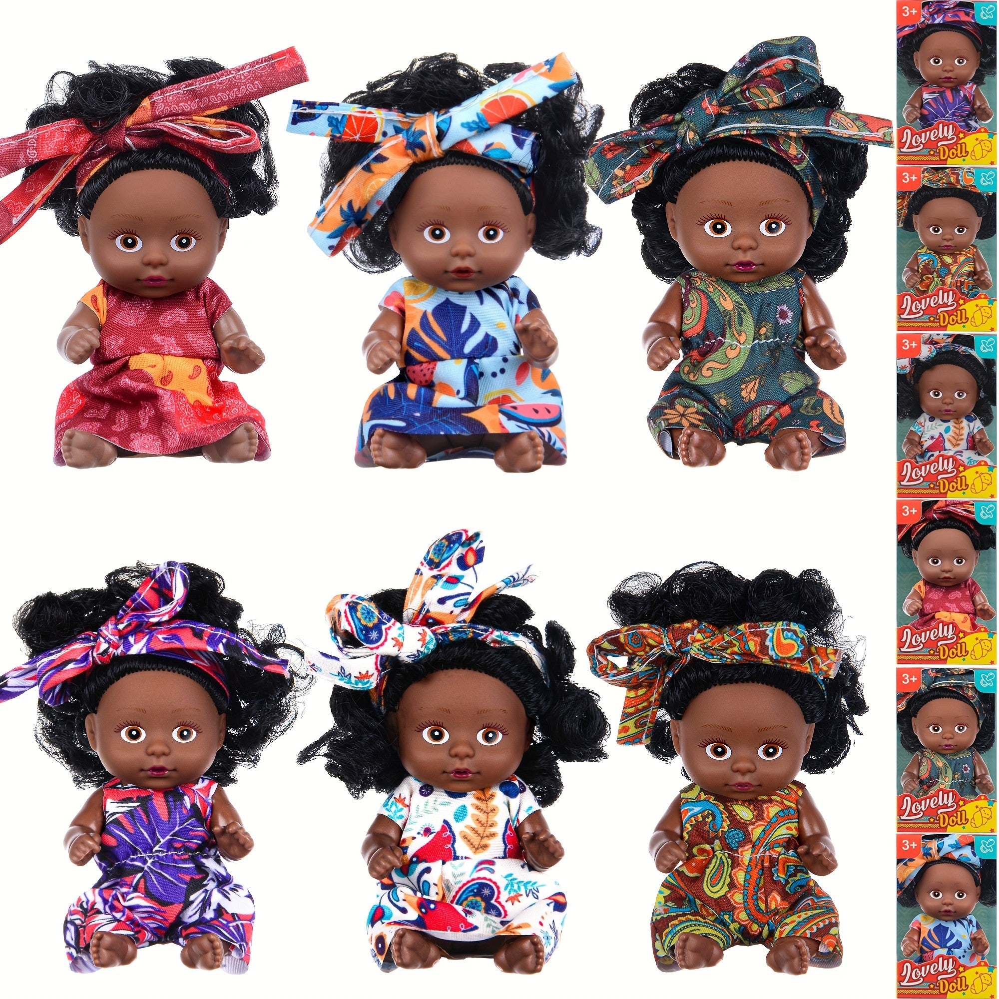 Miniature Girl Dolls Set of 6 – 4 Inch Articulated Poseable Fashion Dolls with Vibrant Outfits & Headscarves Realistic Collectible Mini Dolls Gift for Girls Ages 3+