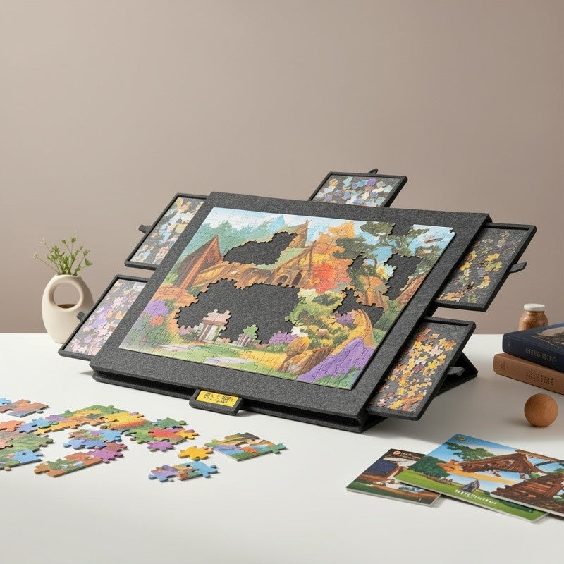 Portable Jigsaw Puzzle Table with 6 Storage Drawers, Adjustable Tilt, Felt Board, Non-Slip Surface, Protective Cover & Carry Handle – Perfect Gift for Puzzle Lovers