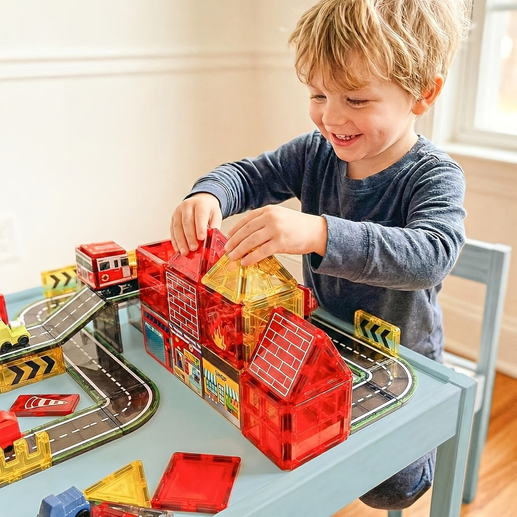 Magnetic Tiles Fire Rescue Set for Kids Ages 3+ – STEM Construction Toy with Fire Truck, Crane, Building & Road Tiles – Firefighting Magnetic Building Blocks Birthday Christmas Gift for Boys & Girls