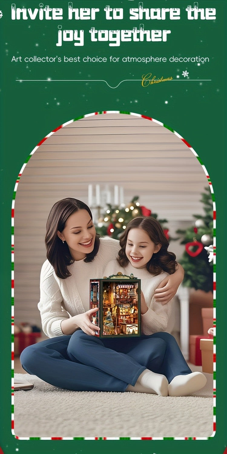 Christmas Shop Book Nook Kit – 3D Wooden Miniature House DIY Bookshelf Insert for Adults & Teens, Cozy Holiday Tiny House Craft, Christmas & New Year Gift, Home Decor