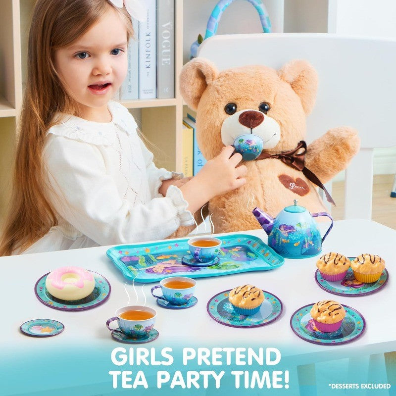 Mermaid Tea Party Set for Girls 14-Piece Tin Teapot Cups Plates Carrying Case Princess Pretend Play Kitchen Toy Kids Age 3+ Christmas Birthday Gift