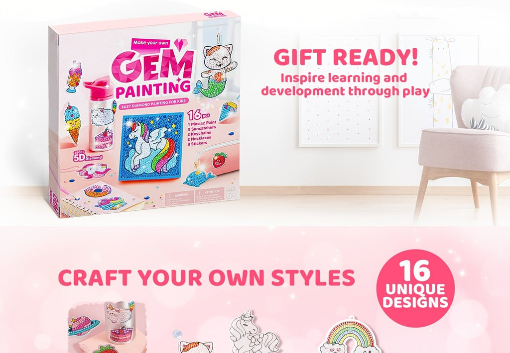 Gem Painting Kit for Kids 16 Projects 5D Diamond Art Craft Set with 2800+ Gems Suncatchers Keychains Necklaces Stickers Gift for Girls Ages 6+ Birthday Christmas Easter