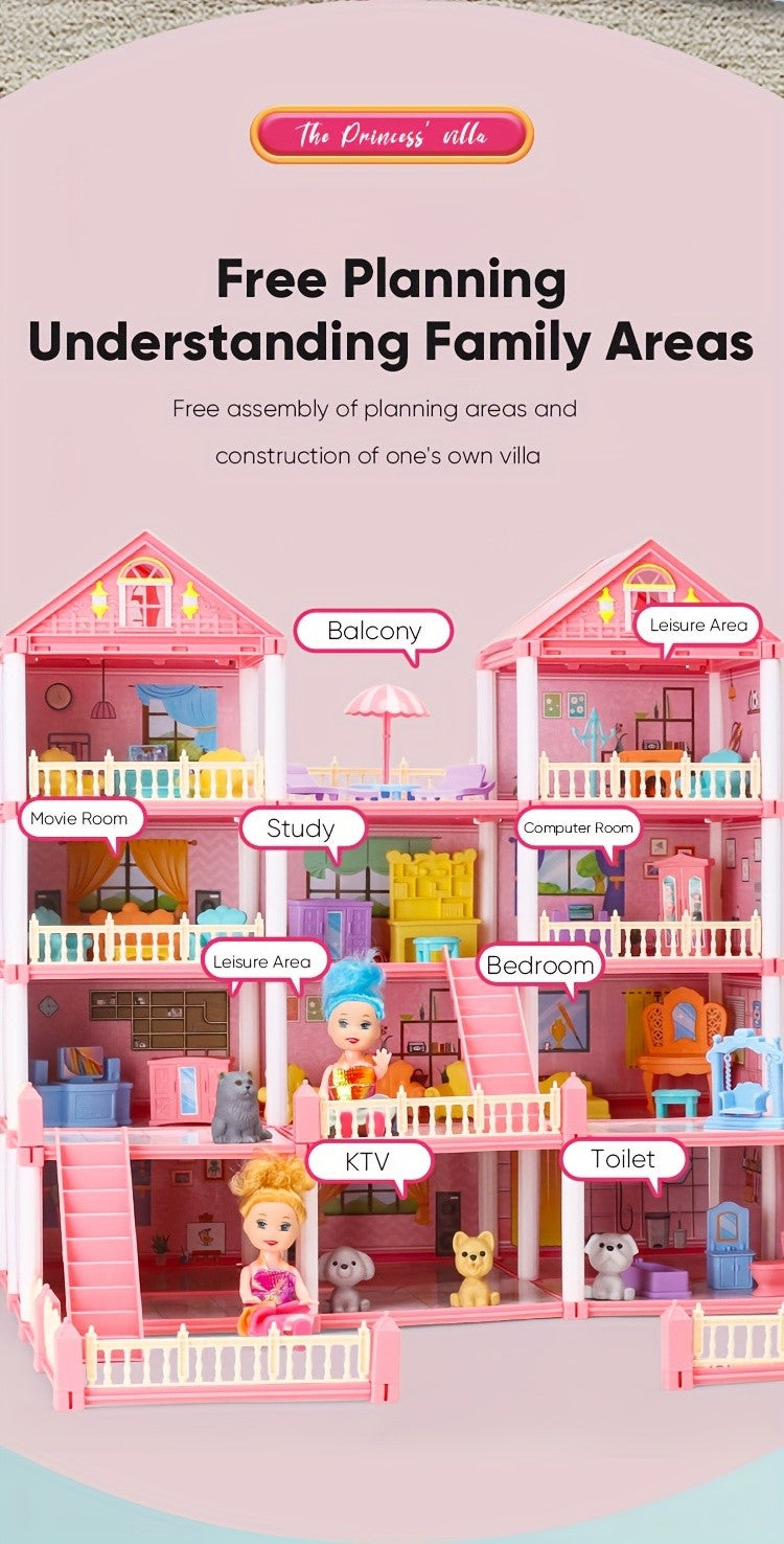 Dollhouse Princess Castle with Furniture – 11 to 27 Room Doll Villa Play Set for Girls Logical Thinking Toy Birthday Christmas Gift Kids Ages 3+ Pink Blue