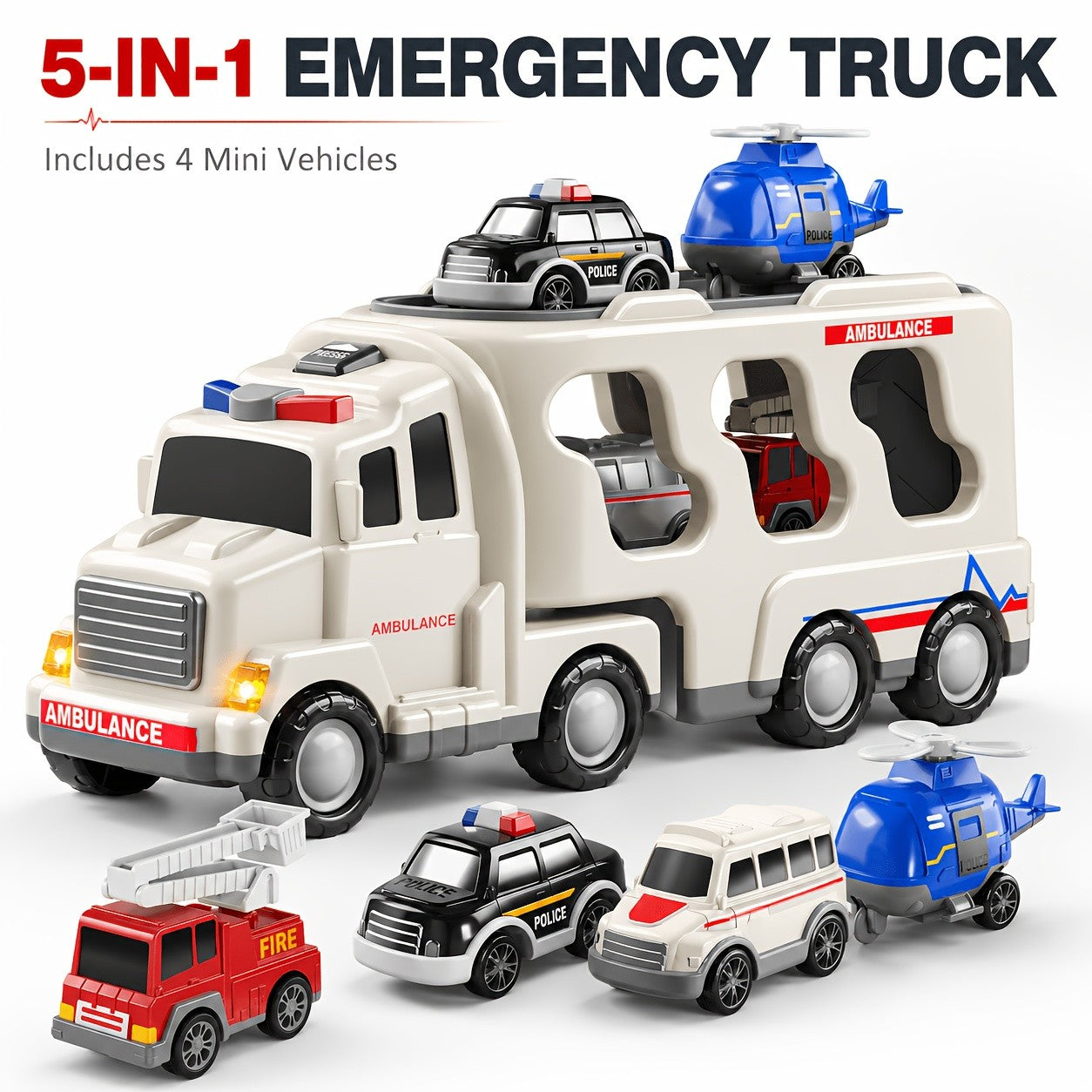 5-in-1 Emergency Vehicle Toy Set with Lights & Sounds – Friction Power Ambulance, Police Car, Fire Truck & Rescue Helicopter for Kids