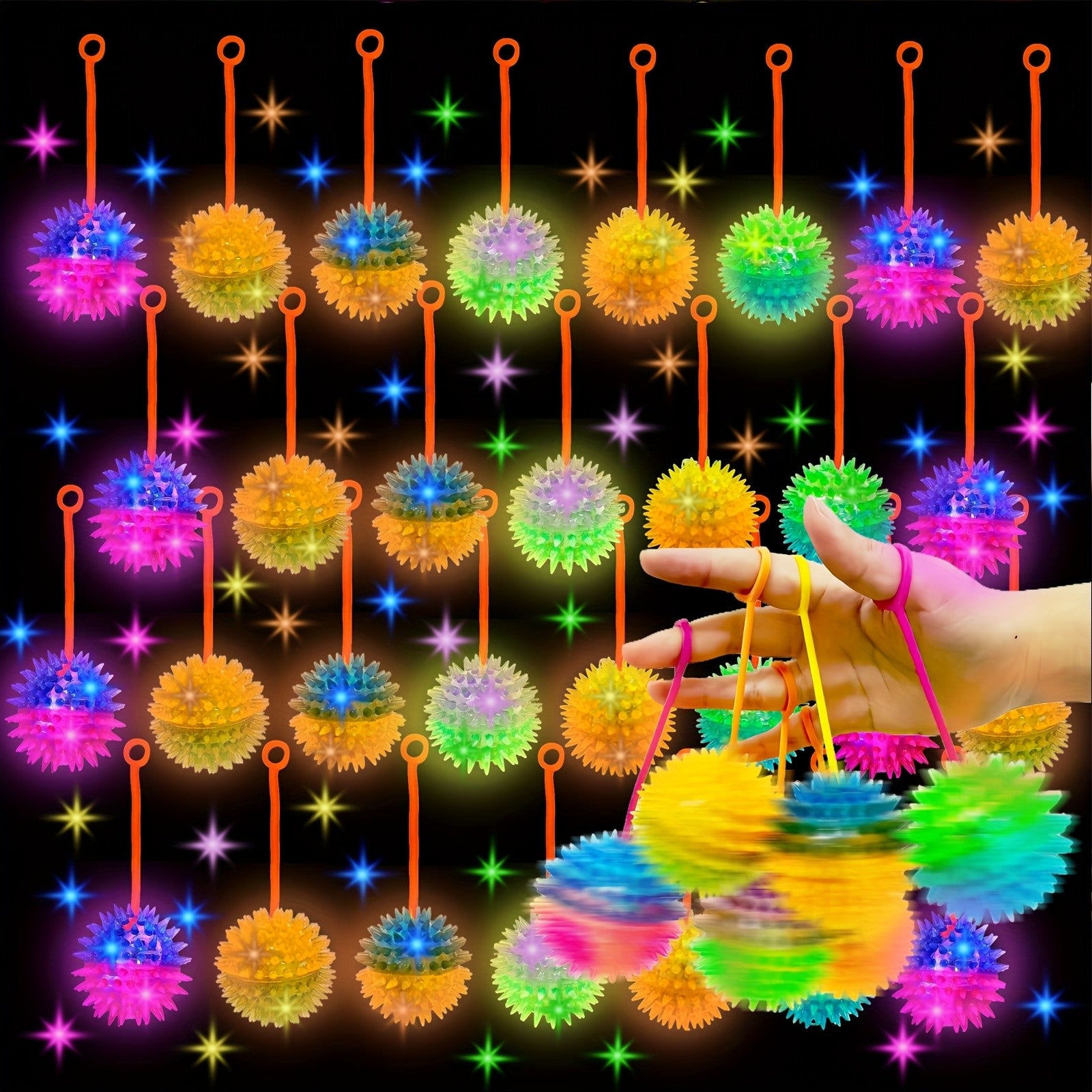 LED Light Up Inflatable Balls 28 Pcs Glow in the Dark - Spiky Sensory Balls on Rope, Party Favors for Kids Teens Adults, Carnival Decorations, Birthday Party Gift