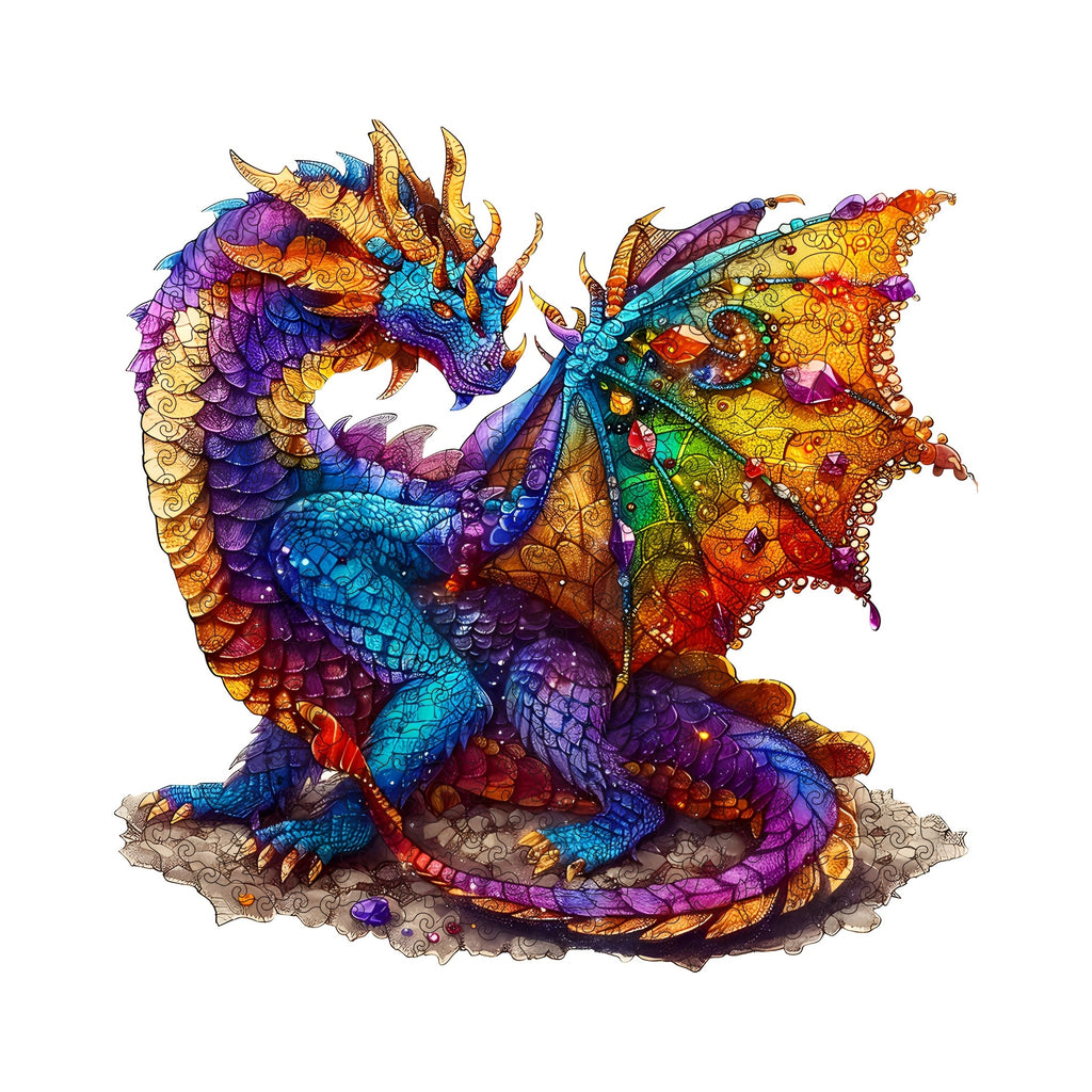 Dragon Wooden Jigsaw Puzzle Irregular Animal Shaped – Colorful Fantasy Gemstone Design, Unique Non-Repetitive Pieces, Brain Teaser Gift for Adults Kids, Home Decor Family Game S/M/L