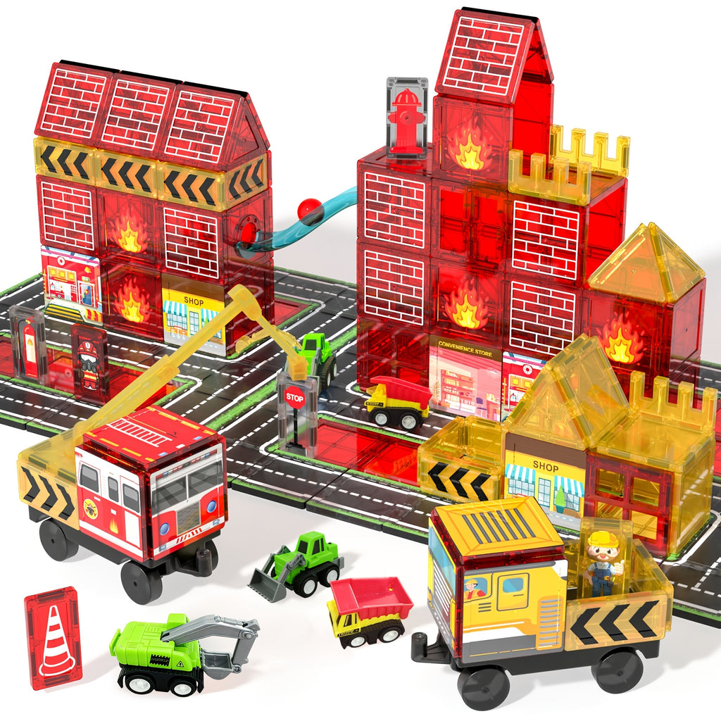 Magnetic Tiles Fire Rescue Set for Kids Ages 3+ – STEM Construction Toy with Fire Truck, Crane, Building & Road Tiles – Firefighting Magnetic Building Blocks Birthday Christmas Gift for Boys & Girls