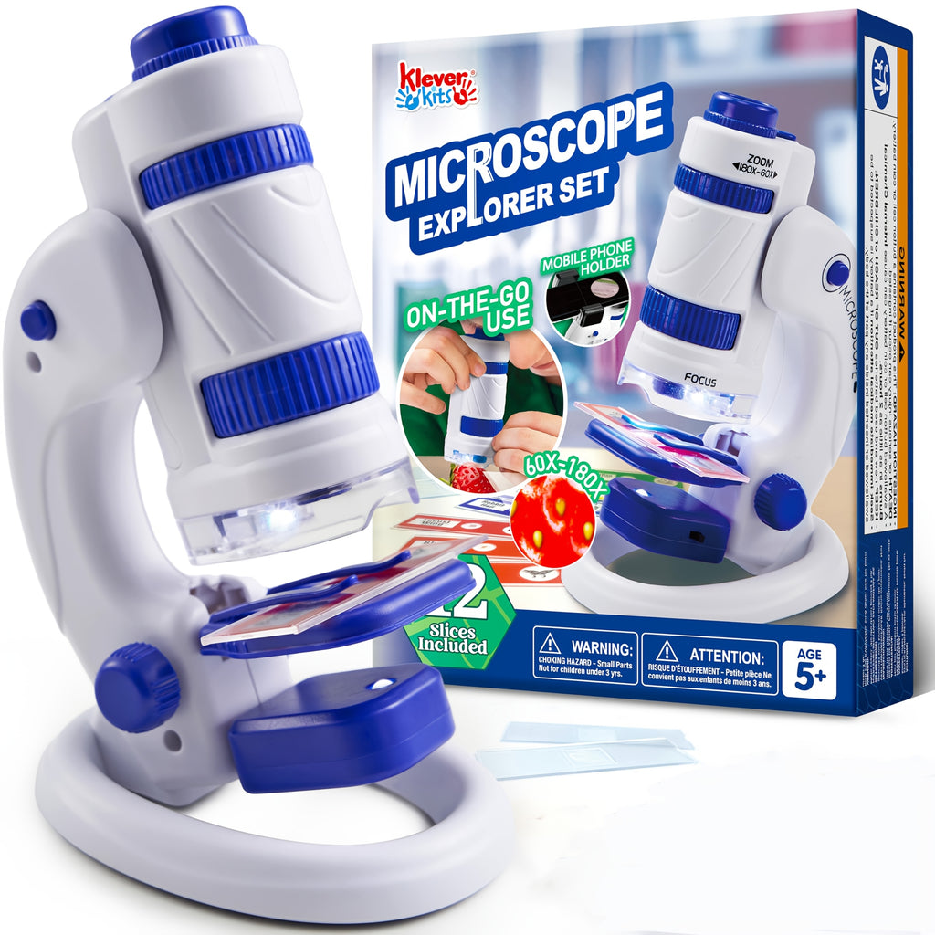 Kids Microscope Explorer Set 2-in-1 Science Experiment Toy 60x-180x Magnification 12 Specimen Slides Phone Holder STEM Gift Boys Girls Ages 5+