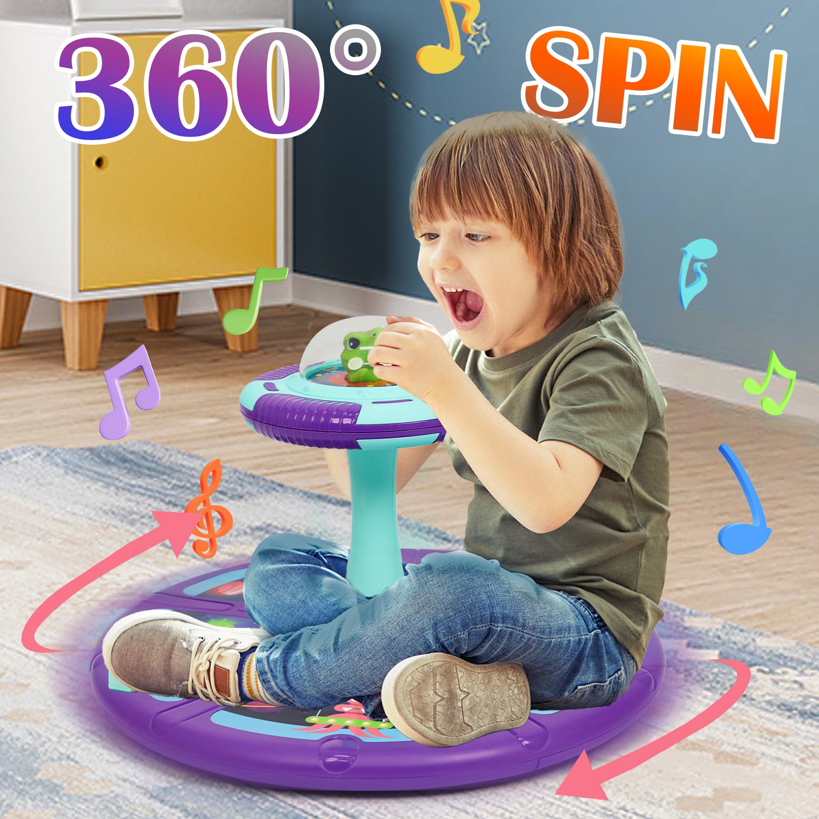Dinosaur Sit and Spin Toy for Toddlers 18M+ – 360° Spin Seat with Music, Indoor Interactive Sensory Toy, Supports Balance & Motor Skills, Birthday Gift for Boys Girls, Planet & Pink