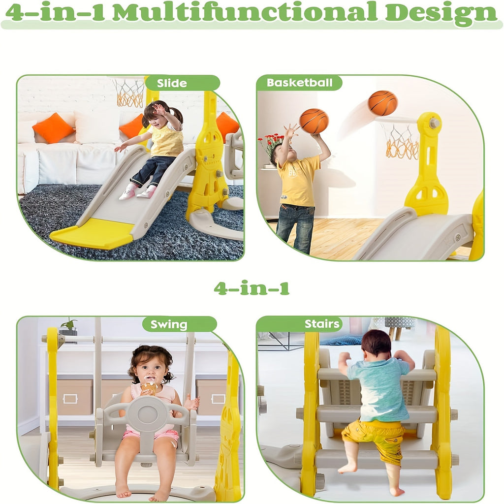 4-in-1 Toddler Slide and Swing Set with Climber Basketball Hoop Indoor Outdoor Backyard Playset for Kids Ages 1-3
