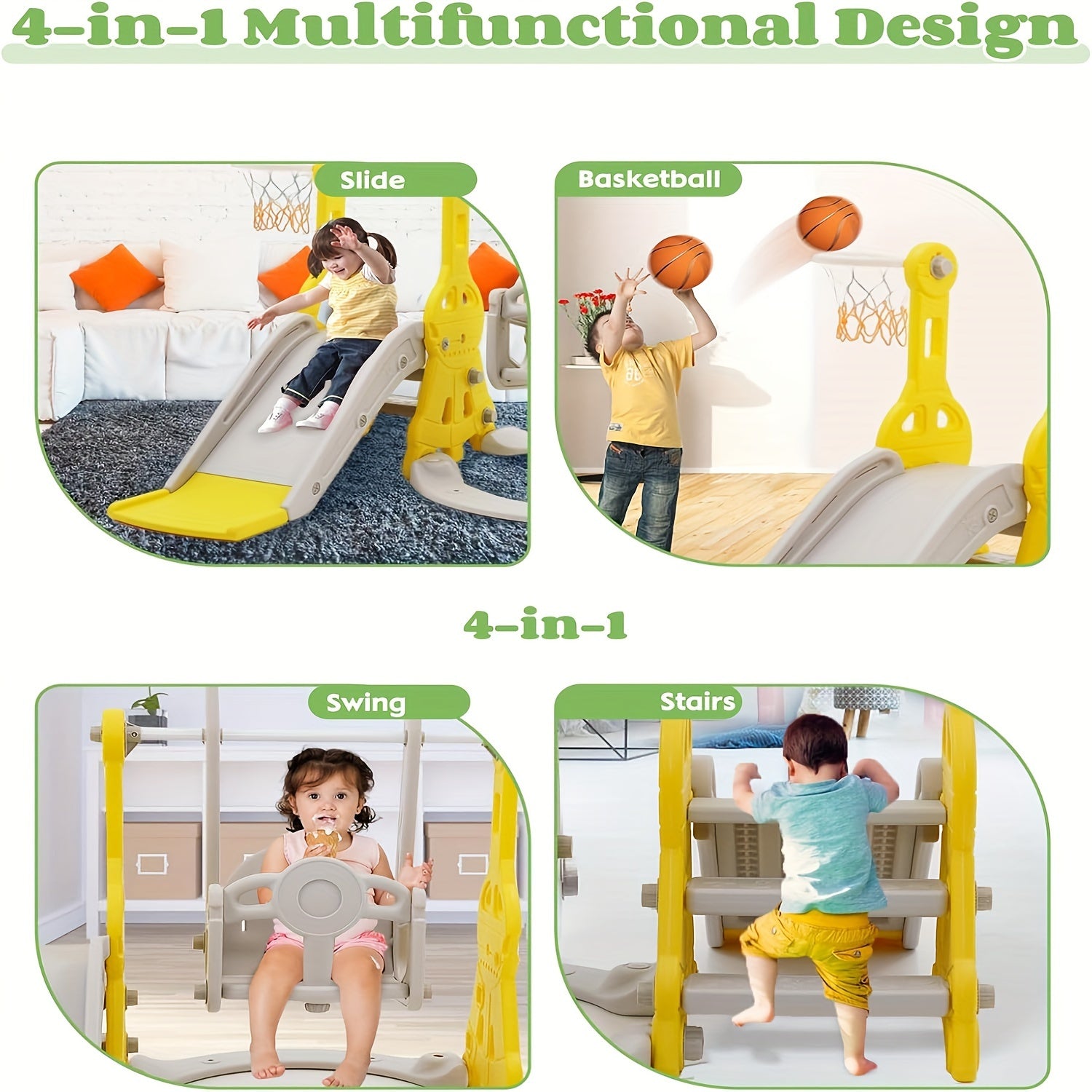 4-in-1 Toddler Slide and Swing Set with Climber Basketball Hoop Indoor Outdoor Backyard Playset for Kids Ages 1-3