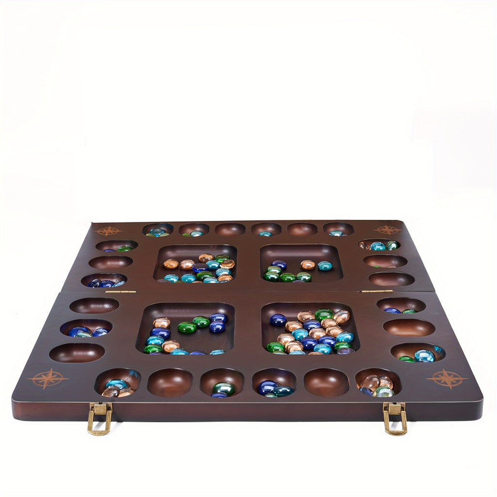 Mancala Board Game Set 4-Player Luxury Solid Wood Folding Board – 96+12 Bonus Multicolor Glass Stone Beads, Instructions Included, Classic Family Strategy Game Gift for Kids Adults Halloween Christmas