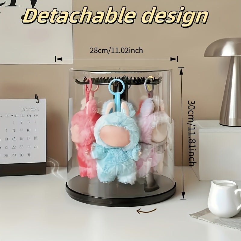Rotating Display Case for LABUBU Figures 360 Degree Acrylic Box – Lidded Dust Cover Doll Storage with Multi-Layer Hanging Rack for Plush Toys Action Figures Blind Box Collectibles, White & Black