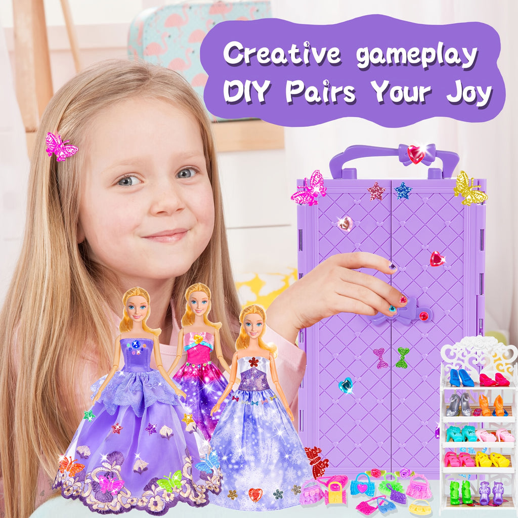Doll Closet Wardrobe Playset 91pcs for 11.5 Inch Dolls – Princess Gowns Dresses Swimsuits Shoes Handbags Accessories & DIY Stickers Gift for Girls Ages 3+