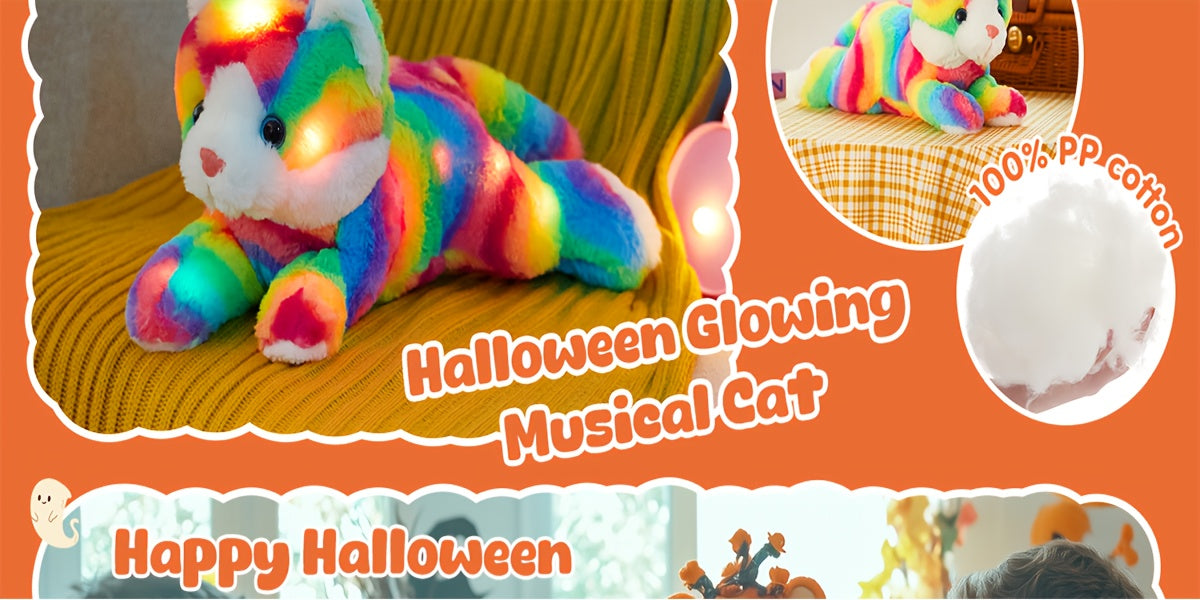 Musical Glowing Rainbow Cat Stuffed Animal - Soft Plush Cat Toy with Colorful LED Lights & Sound, Cute Kawaii Cat Plushie for Playtime Birthday New Year Party Decoration Gift