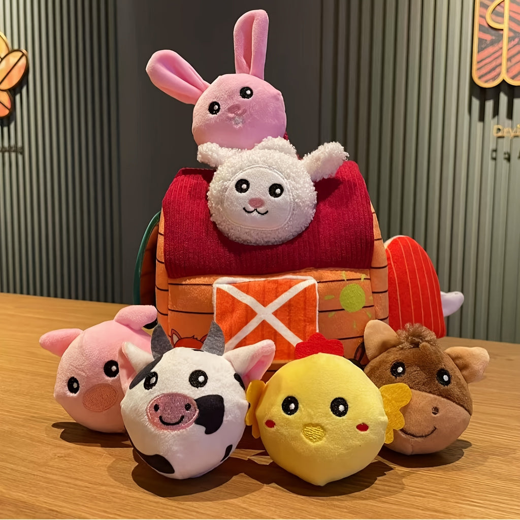 Portable Farm Playset for Babies & Toddlers – 6 Plush Animals with Barn, Rattle, Crinkle & Mirror, Sensory Learning Toy Ages 0+, Baby Shower Birthday Gift for Boys Girls