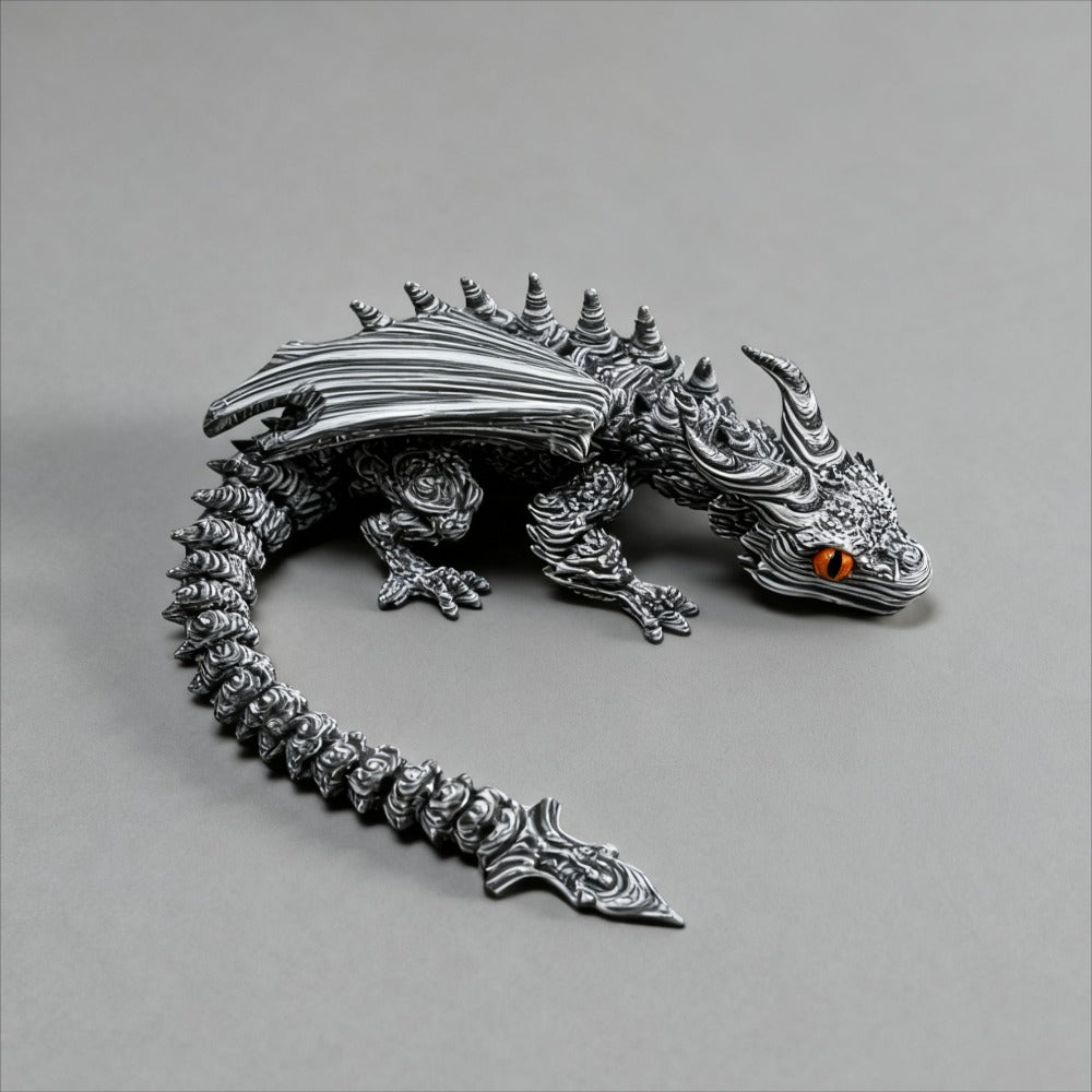 Articulated Cybernetic Dragon Statue 3D Printed Figurine – Black & White Swirl, Random Eye Color, Poseable Desktop Collectible Art Gift for Dragon Lovers & Teens
