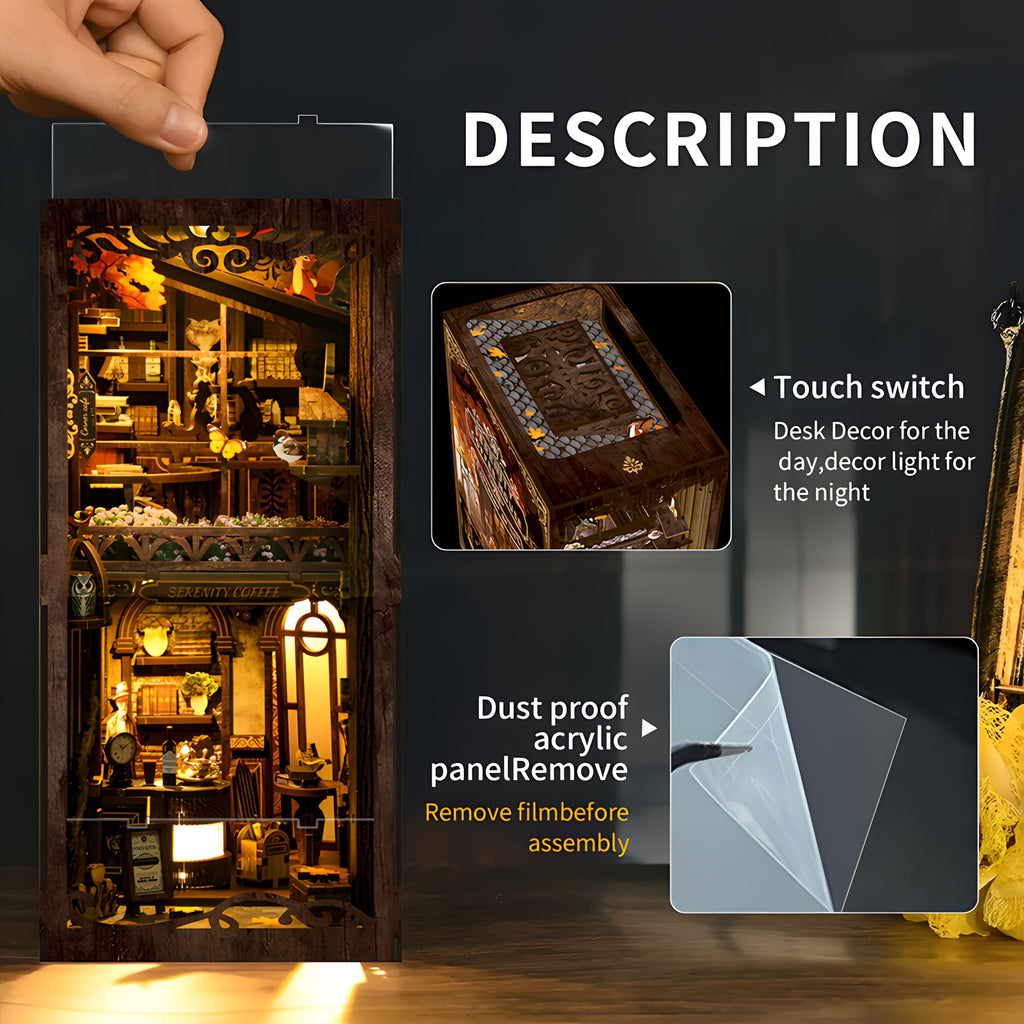 DIY Miniature Book Nook Kit with LED Light Coffee House 3D Wooden Bookshelf Insert Puzzle Dustproof Craft Kit Gift for Adults Teens Craft Lovers