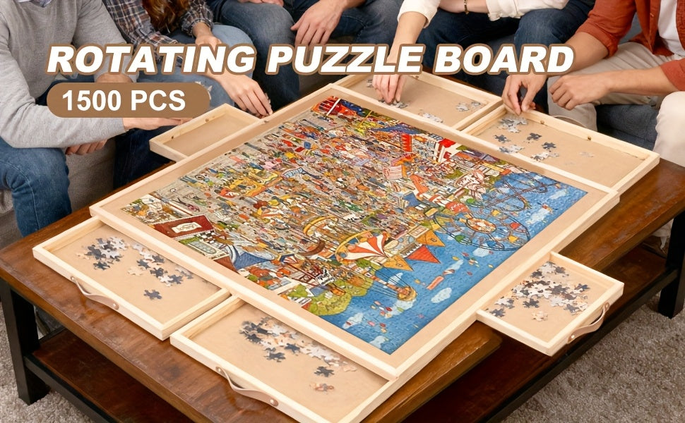 Rotating Jigsaw Puzzle Board for 1500 Pieces with Drawers & Dust Cover – Wooden Puzzle Table, Compact Organizer & Storage Solution for Family Game Room