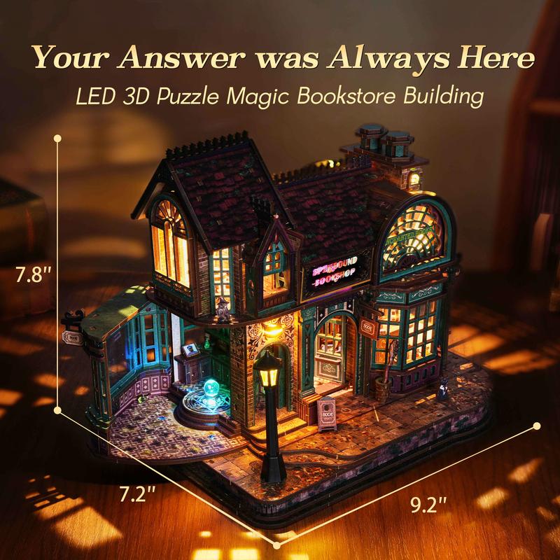 Magic Bookstore 3D Wooden Puzzle Kit, FUNPOLA 447-Piece Spellbound Bookshop with Color-Changing LED Lights, DIY Miniature Gift for Adults & Teens