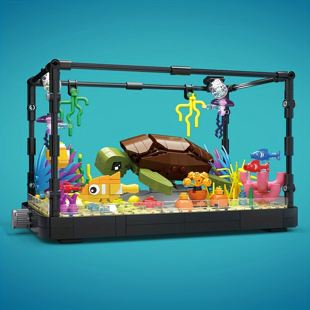 Building Block Aquarium Set with Marine Turtle & Fish Tank – Creative Ocean Animal Model Building Toy, STEM Construction Gift for Kids Boys Girls Home Decor