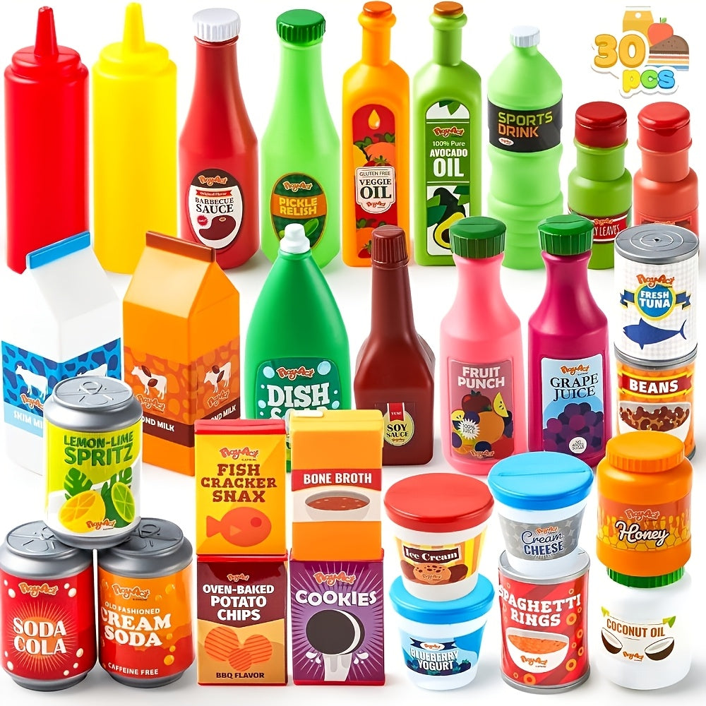 30-Piece Play Food Grocery Cans Set – Pretend Kitchen Additions with Drink, Juice, Snack & Yogurt Cans for Kids, Easter Basket Stuffers & Party Favors