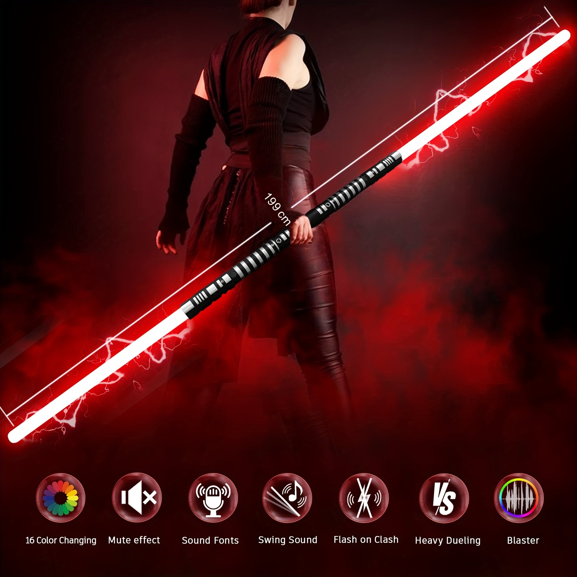 78 Inch Dueling Saber 2-in-1 Light Up Sword 16 Color Lights 3 Movie Sound Effects Mute Double Player Halloween Cosplay Birthday Party Gift