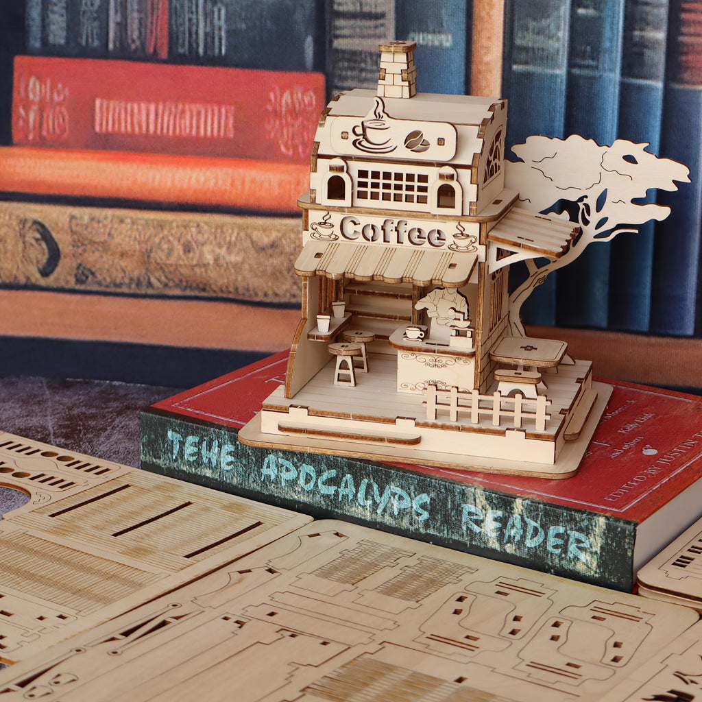 Coffee Shop 3D Wooden Puzzle Kit Miniature House Model with Artisan Coffee Machines DIY Build Creative Birthday Halloween Gift for Adults Teens